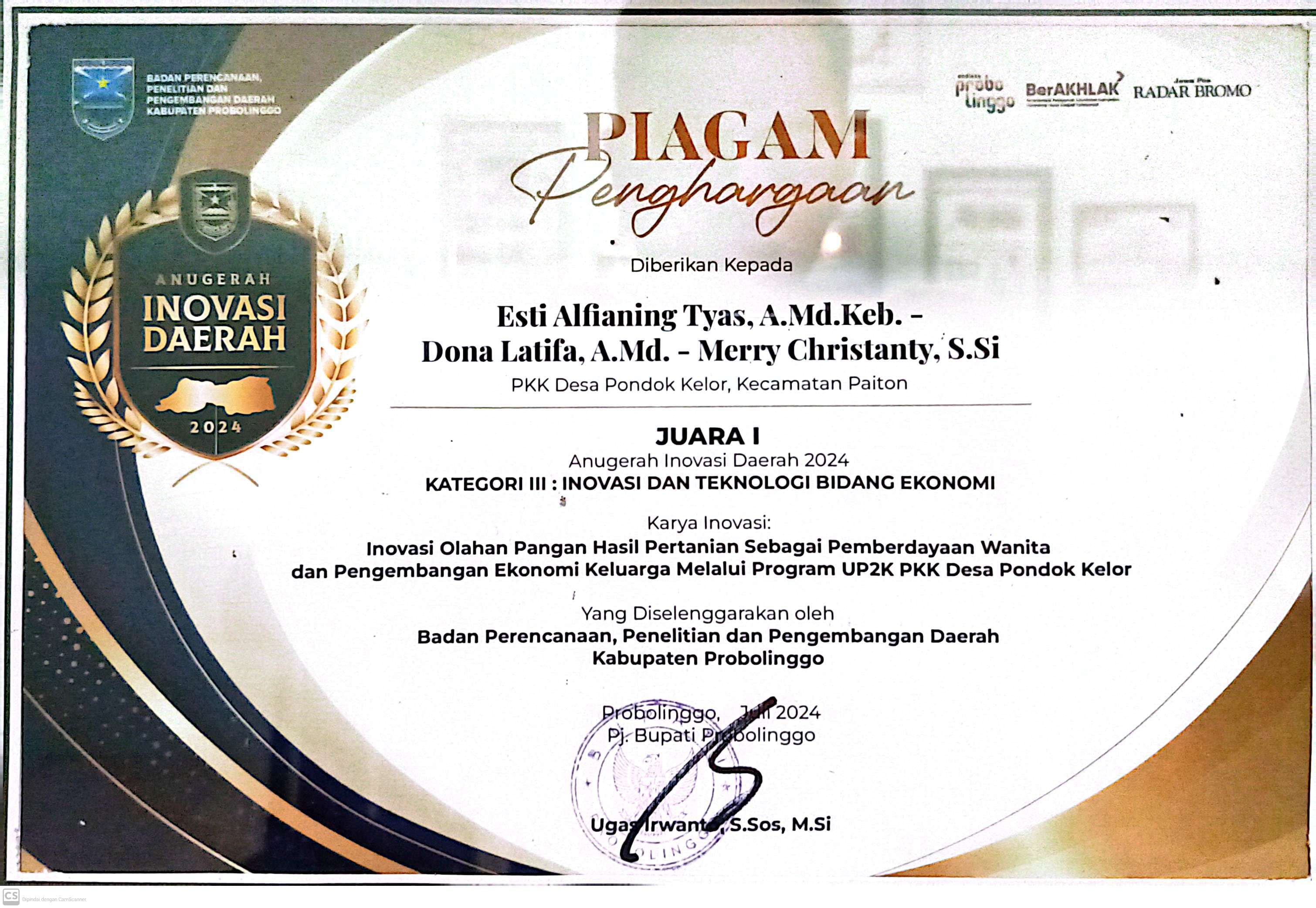 JUARA 1 ANUGERAH INOVASI DAERAH TAHUN 2024 KATEGORI III : INOVASI DAN TEKNOLOGI BIDANG EKONOMI